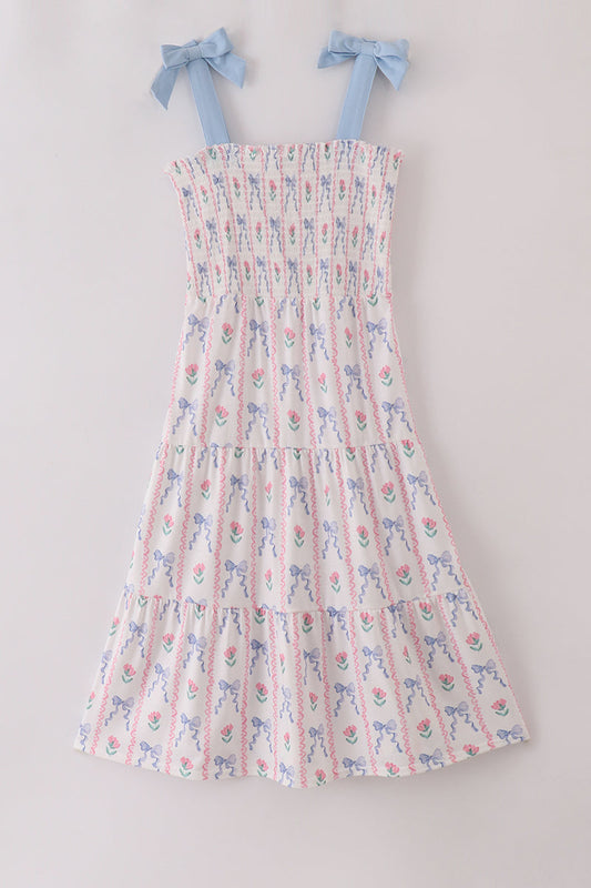 Blue Floral Bow Print Smocked Mom Dress