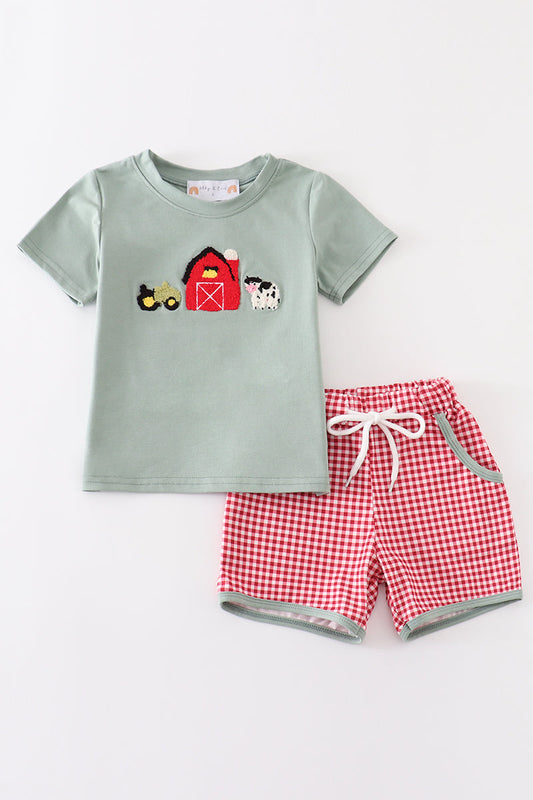 Green farm French knot embroidered top with red gingham shorts