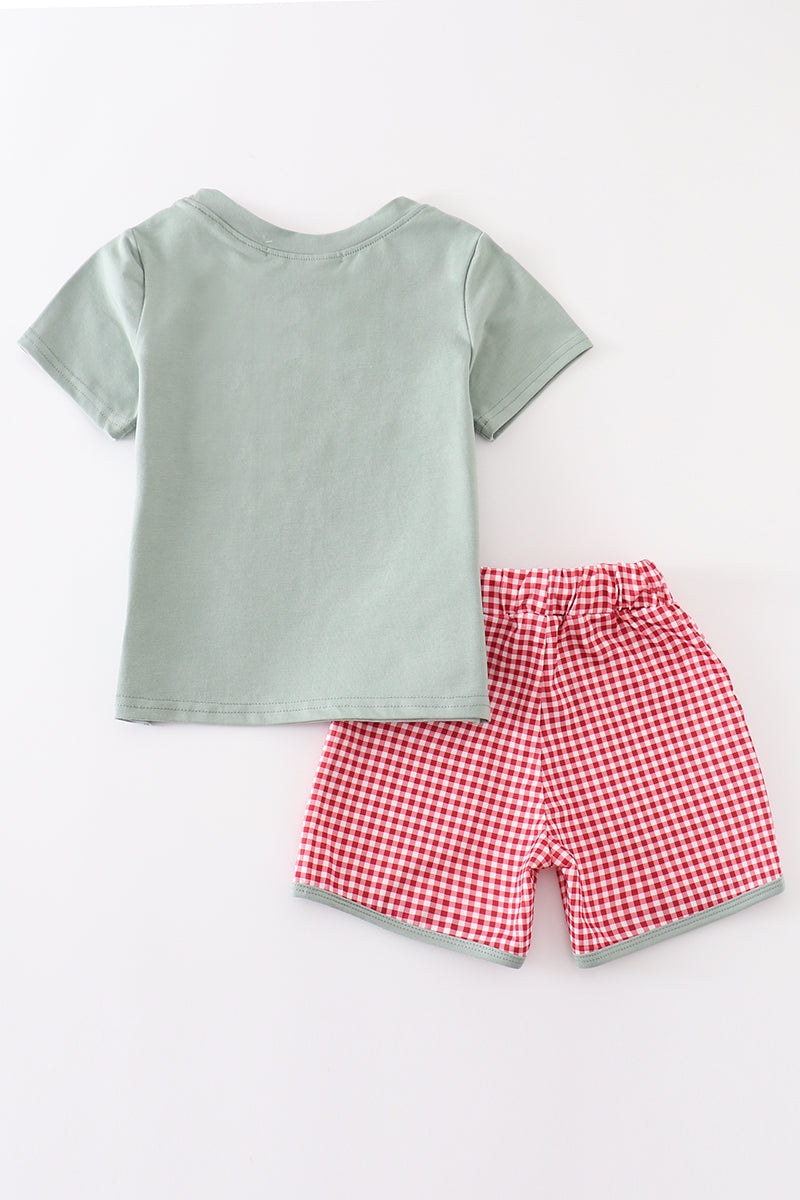 Back of green farm shorts set with red gingham shorts