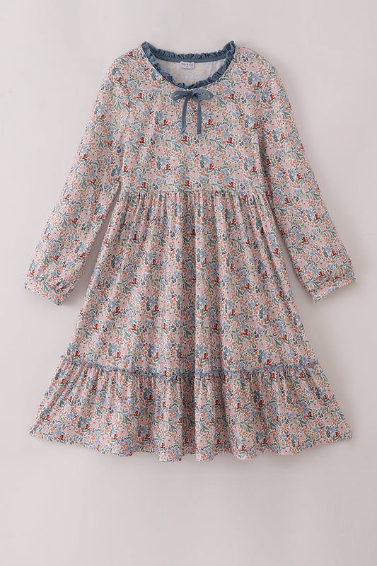 Blue Floral Bow Print Smocked Mom Dress
