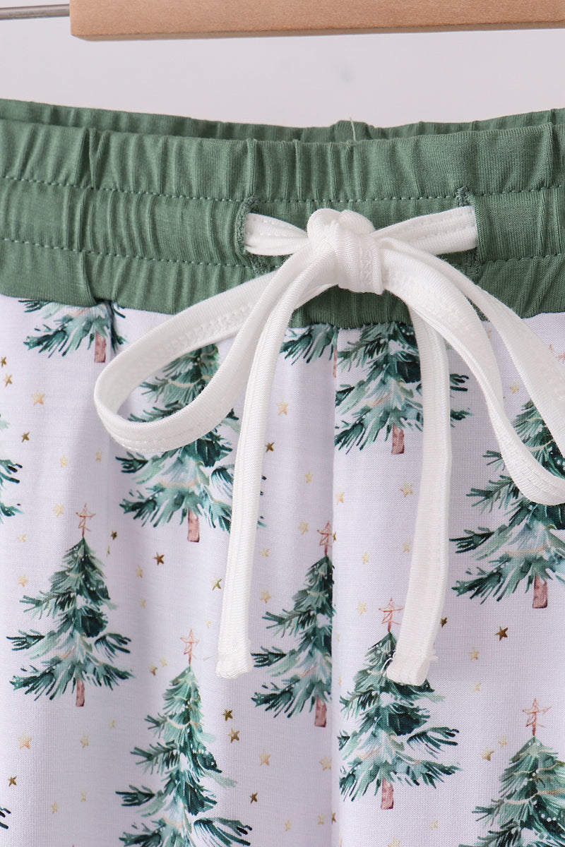 Sage waistband and white drawstring on green Christmas tree bamboo mom pants