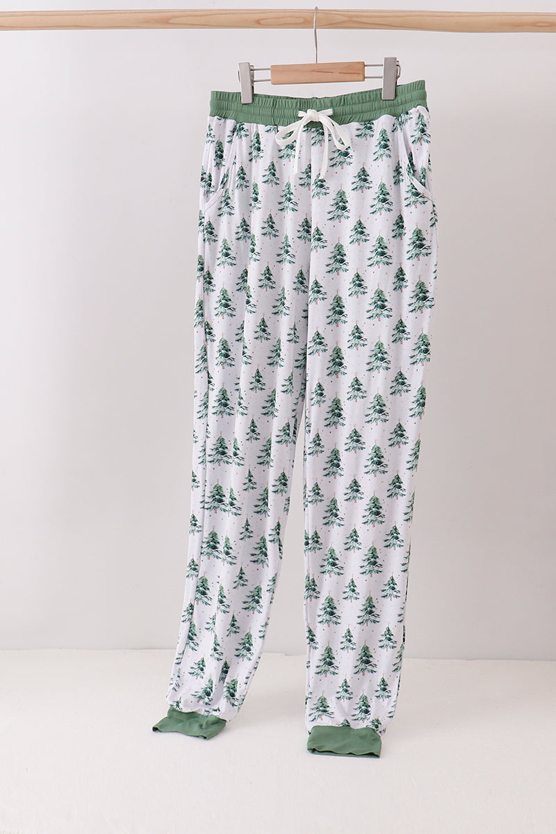 Full-length green Christmas tree print bamboo mom pants with sage cuffs