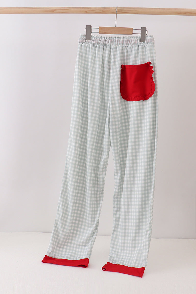 Sage gingham mom pajama pants shown in size 2XL