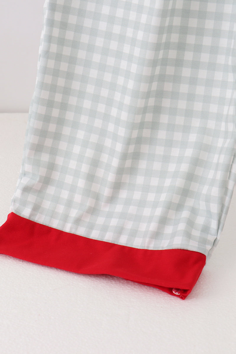 Sage gingham mom pajama pants shown in size L