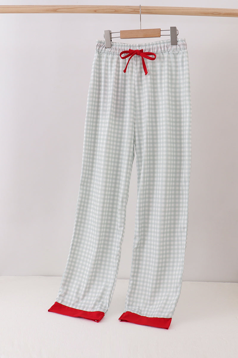 Sage gingham mom pajama pants shown in size S