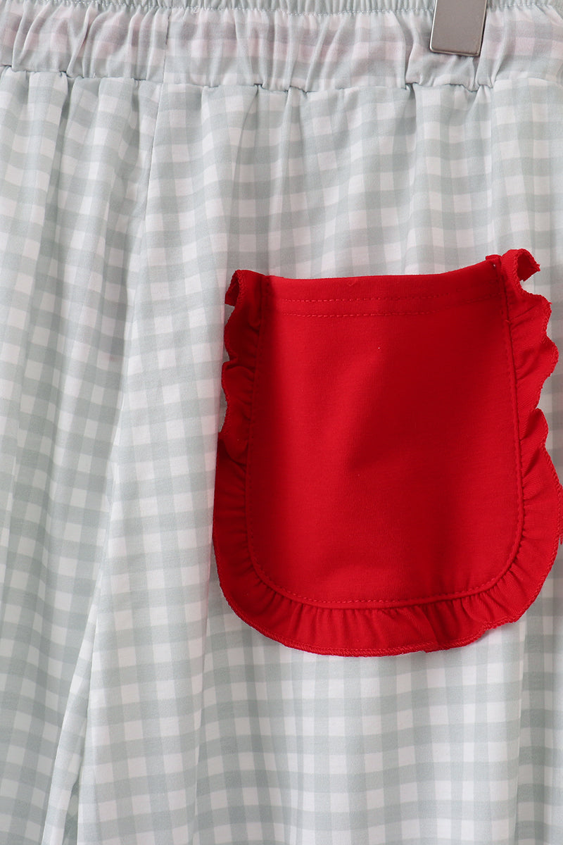 XL sage gingham mom pajama pants with red trim and bow