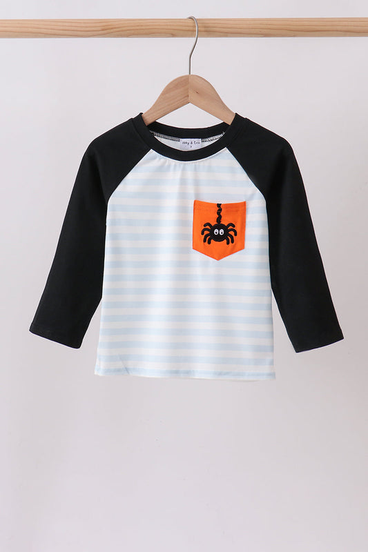Black Spider Embroidery Pocket Stripe Top with embroidered spider pocket