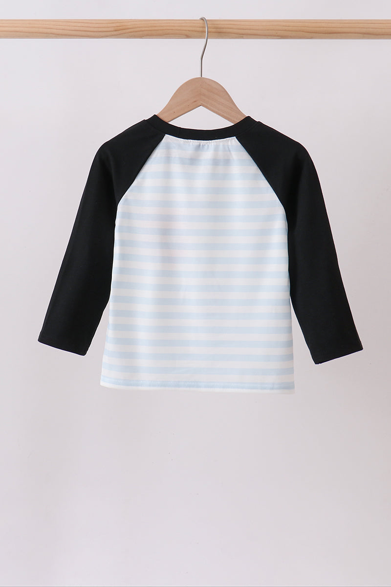 Back of Black Spider Embroidery Pocket Stripe Top