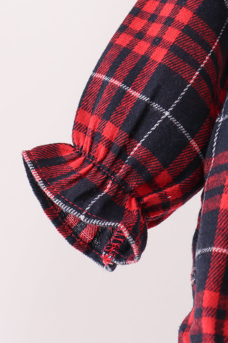 Red plaid bubble romper ruffled cuff detail