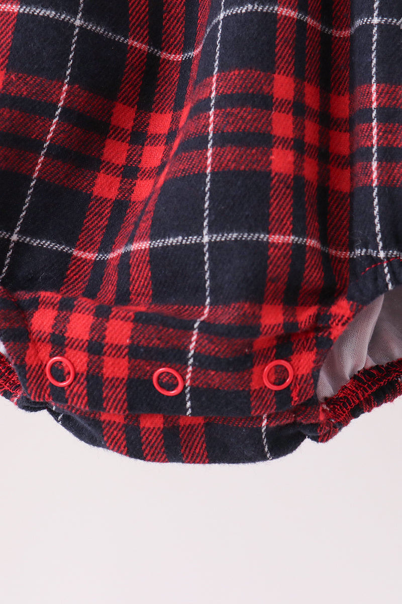 Red plaid bubble romper snap bottom detail