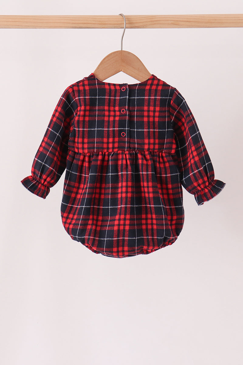Red plaid bubble romper back button detail