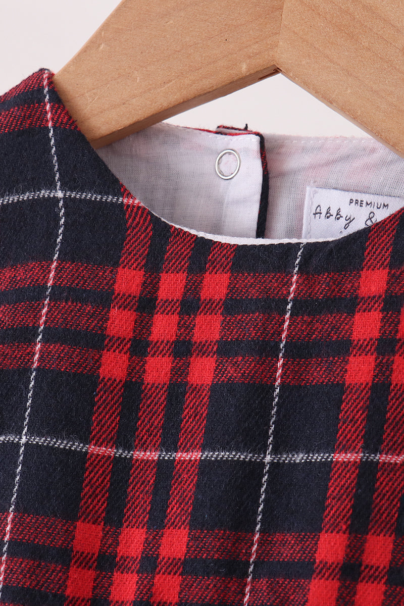 Red plaid bubble romper collar and tag detail