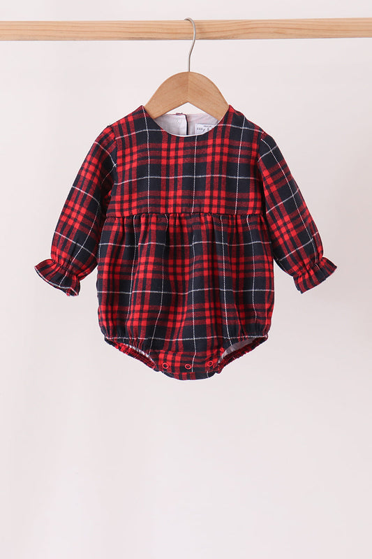 Red plaid bubble romper newborn front on hanger