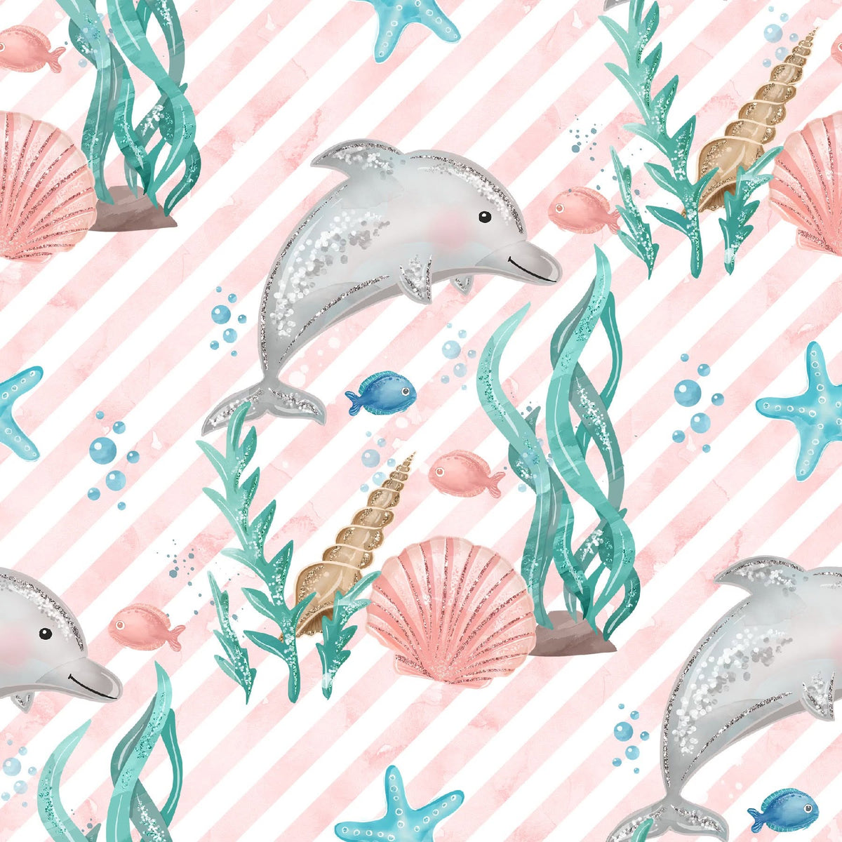 Dolphin Dreams print with dolphins, sea creatures, shells, and seaweed on a pink striped background
