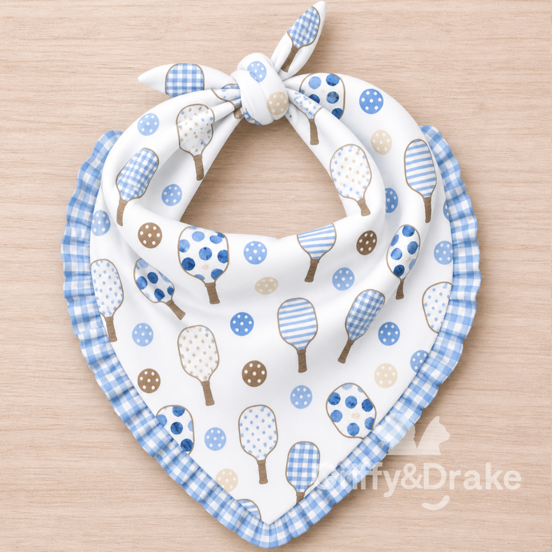 Pickleball Pals Ruffle Bandana by Griffy & Drake - pickleball print with gingham ruffle trim