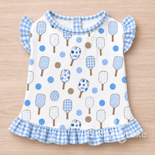 Pickleball Pals Ruffle Shirt by Griffy & Drake - pickleball print with gingham ruffle trim