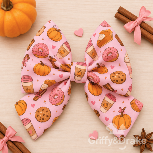 Pink Griffy & Drake sailor bow with pumpkins, coffee cups, donuts, and fall treats