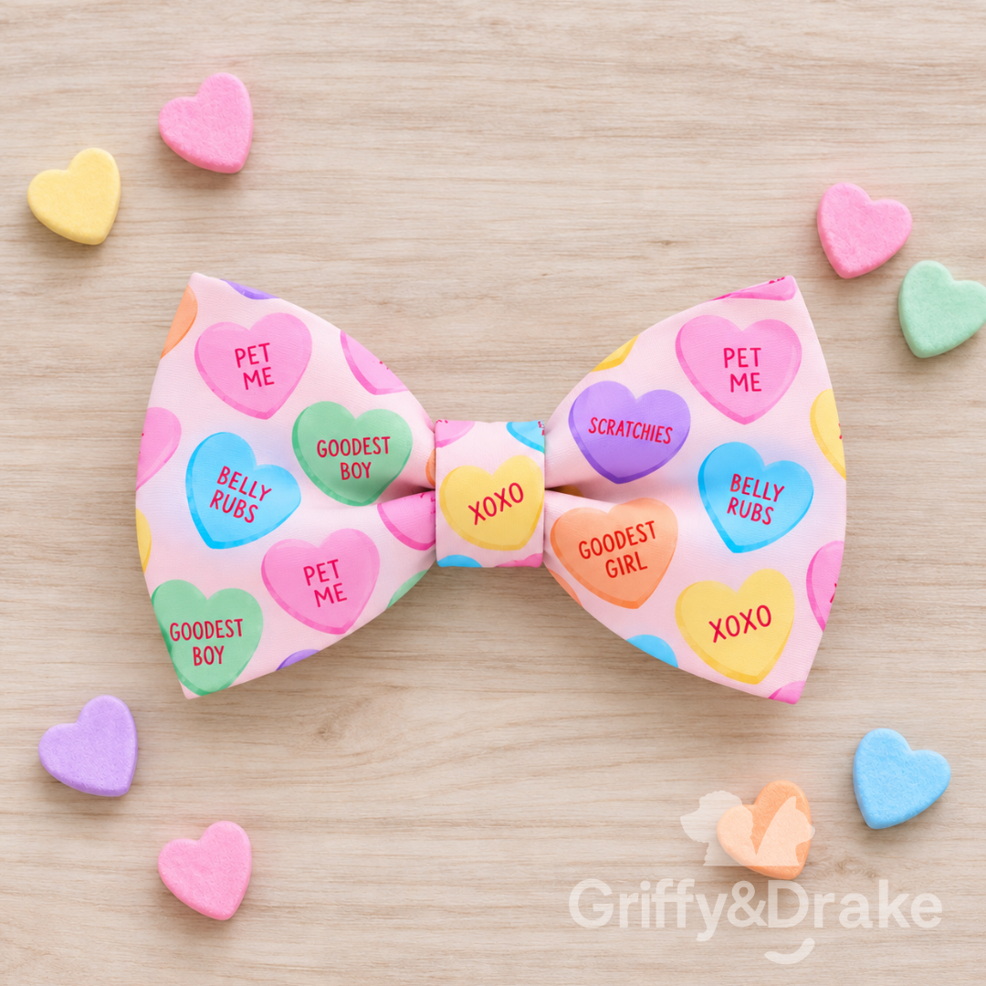 Griffy & Drake Puppy Love bow tie with pastel pet-themed conversation hearts