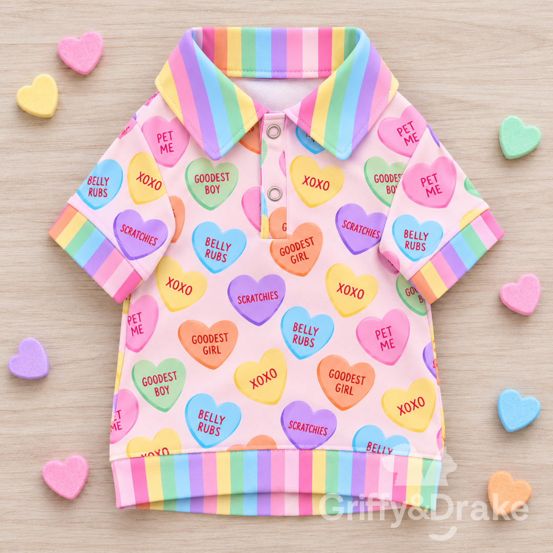 Griffy & Drake Puppy Love pet collar shirt with conversation hearts and rainbow-striped trim