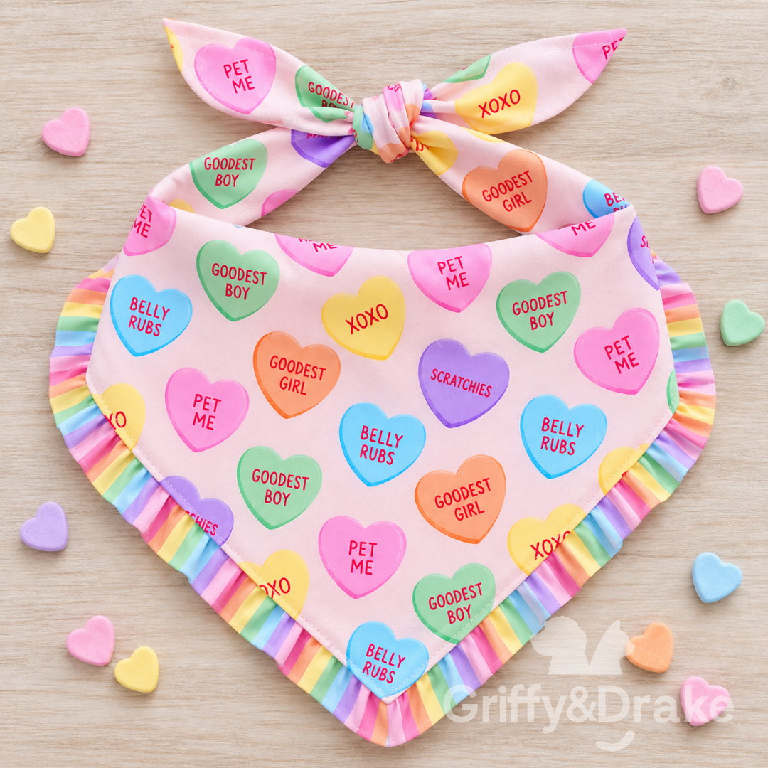 Griffy & Drake Puppy Love ruffle bandana with pastel conversation hearts and rainbow ruffle