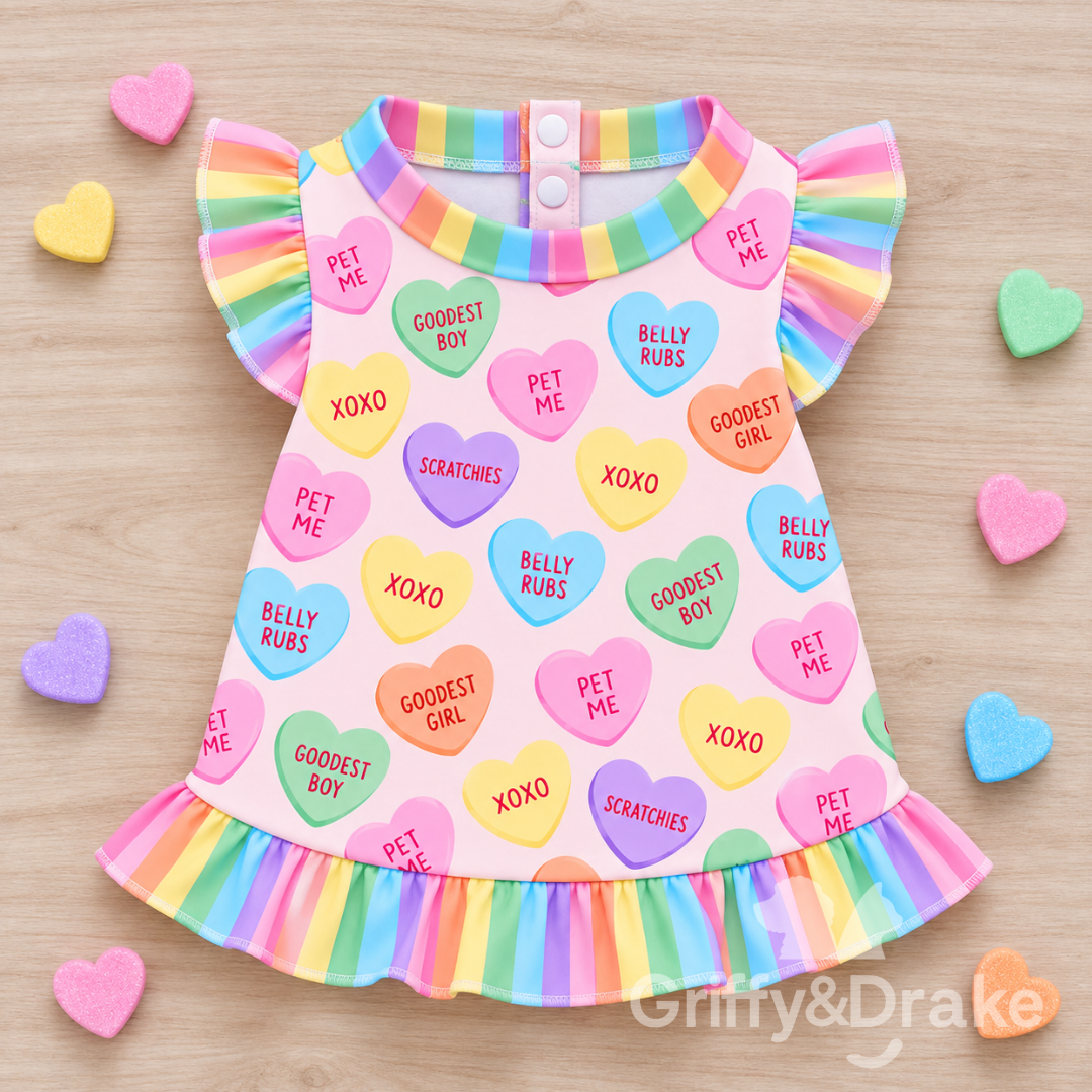 Griffy & Drake Puppy Love pet ruffle shirt with conversation hearts and rainbow-striped trim