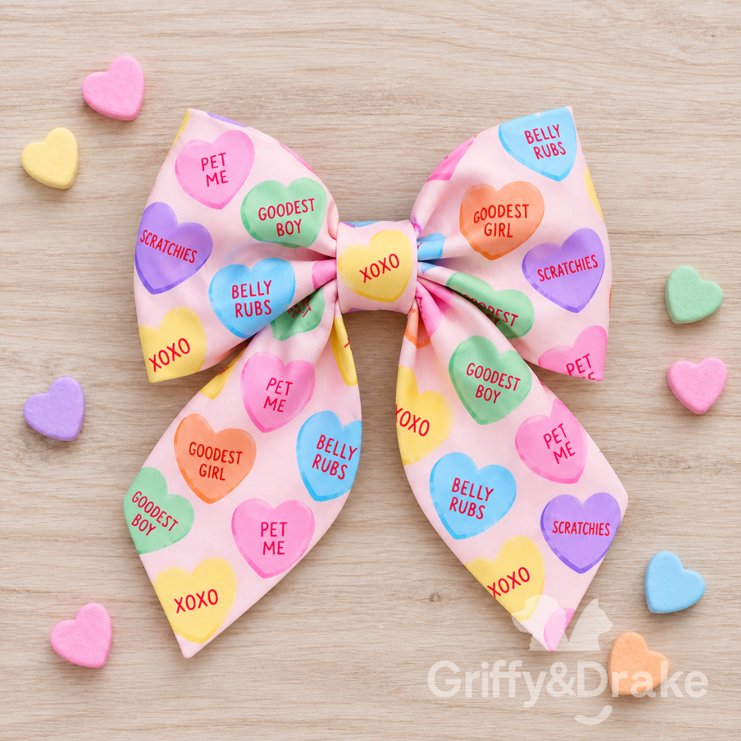 Griffy & Drake Puppy Love sailor bow with pastel pet-themed conversation hearts
