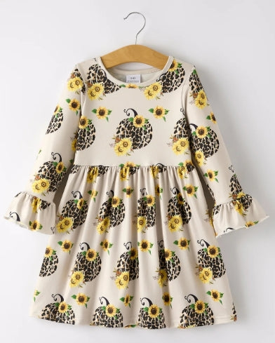 Fall Pumpkin Leopard Print Autumn Girls Ruffle Two-Dress Set