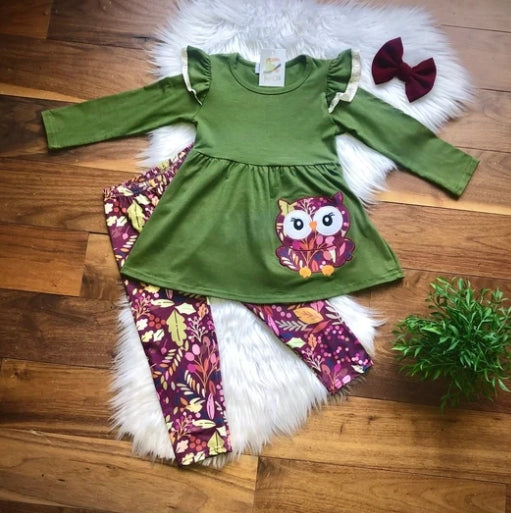 TwoCan Autumn Joy Owl pant set with olive owl tunic and burgundy floral pants