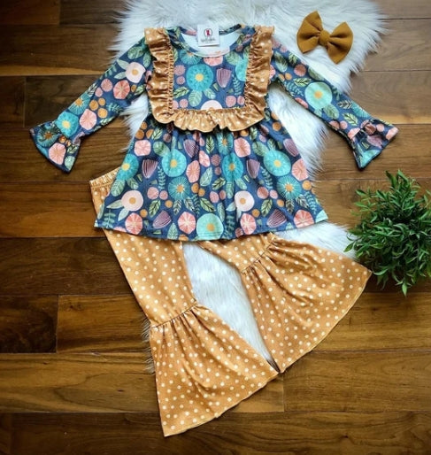 Folksy Floral Bell Pant Set with floral tunic and mustard polka-dot bell pants