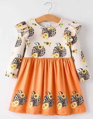 Thanksgiving Pumpkin Leopard Floral Print Girls Dress