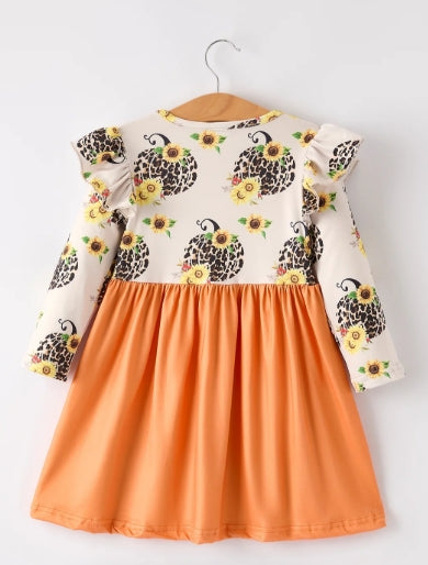 Thanksgiving Pumpkin Leopard Floral Print Girls Dress