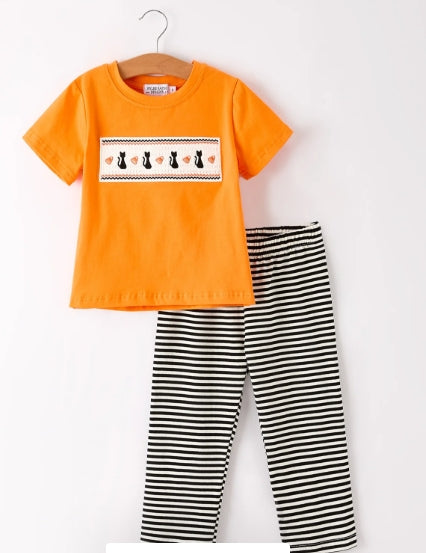 Orange Halloween boys shirt with cat embroidery and black-and-white striped pants
