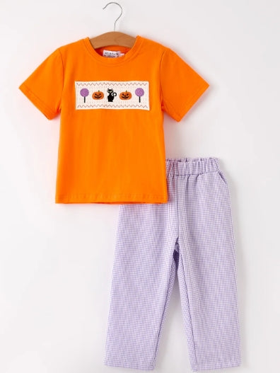 Fall Halloween Purple Balloon Pumpkin Cat Smock Embroidery Boy Set