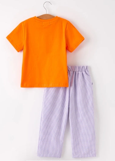Fall Halloween Purple Balloon Pumpkin Cat Smock Embroidery Boy Set