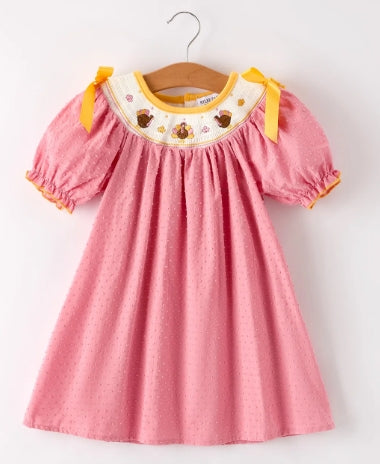 Fall Thanksgiving Turkey Leaf Embroidery Smocking Bow Girls Dress