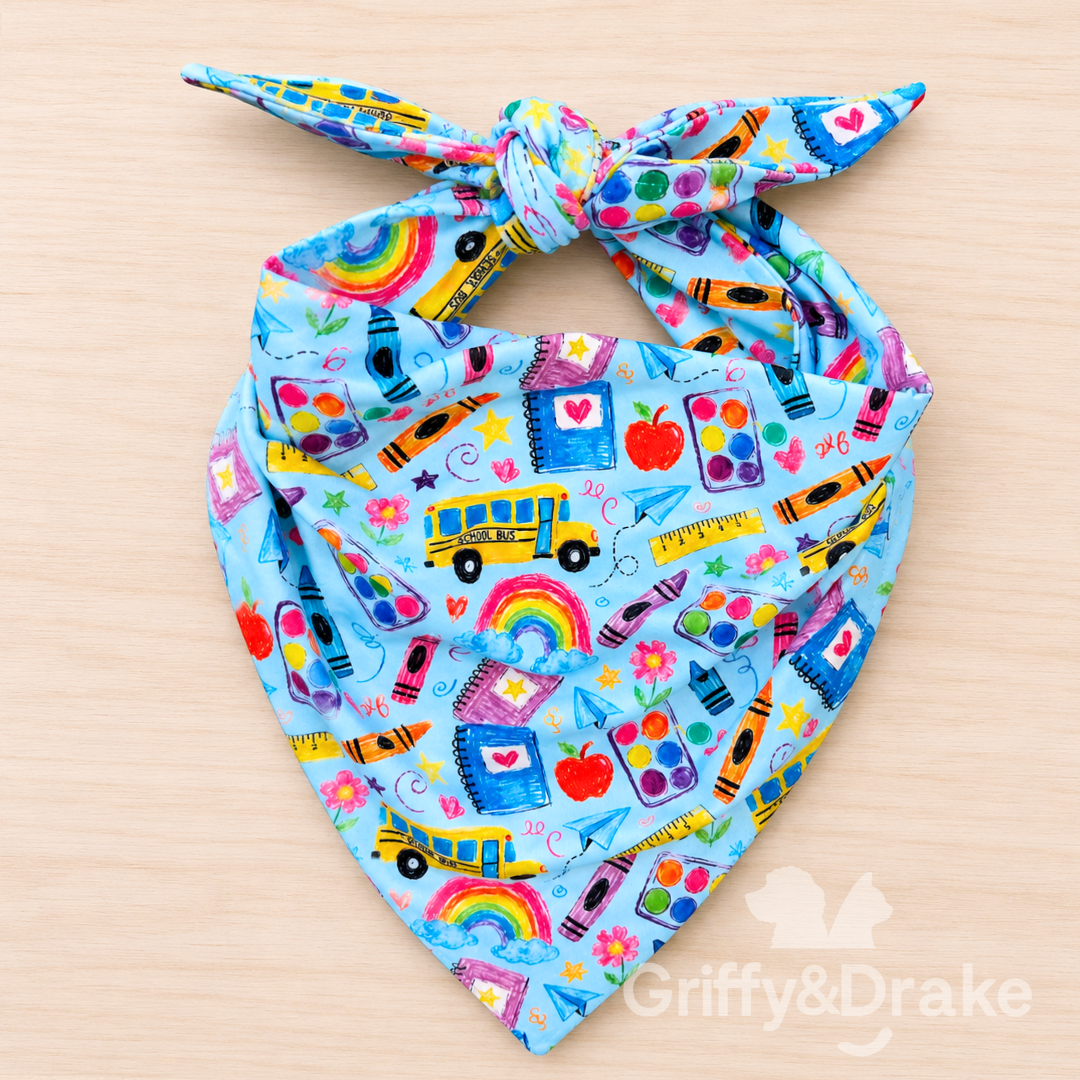 Teacher's Pet Bandana - back to school print pet bandana with school buses, crayons and rainbows