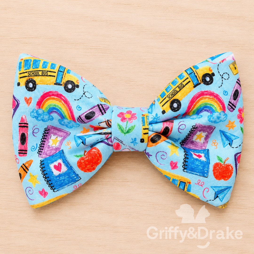 Teacher's Pet Bow Tie - back to school print pet bow tie with school buses, crayons and rainbows