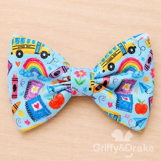 Teacher's Pet Bow Tie - back to school print pet bow tie with school buses, crayons and rainbows