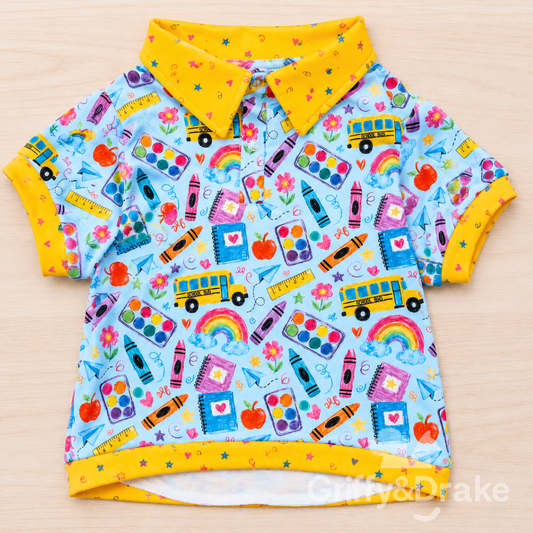 Teacher's Pet Collar Shirt - back to school print pet shirt with yellow collar and cuffs