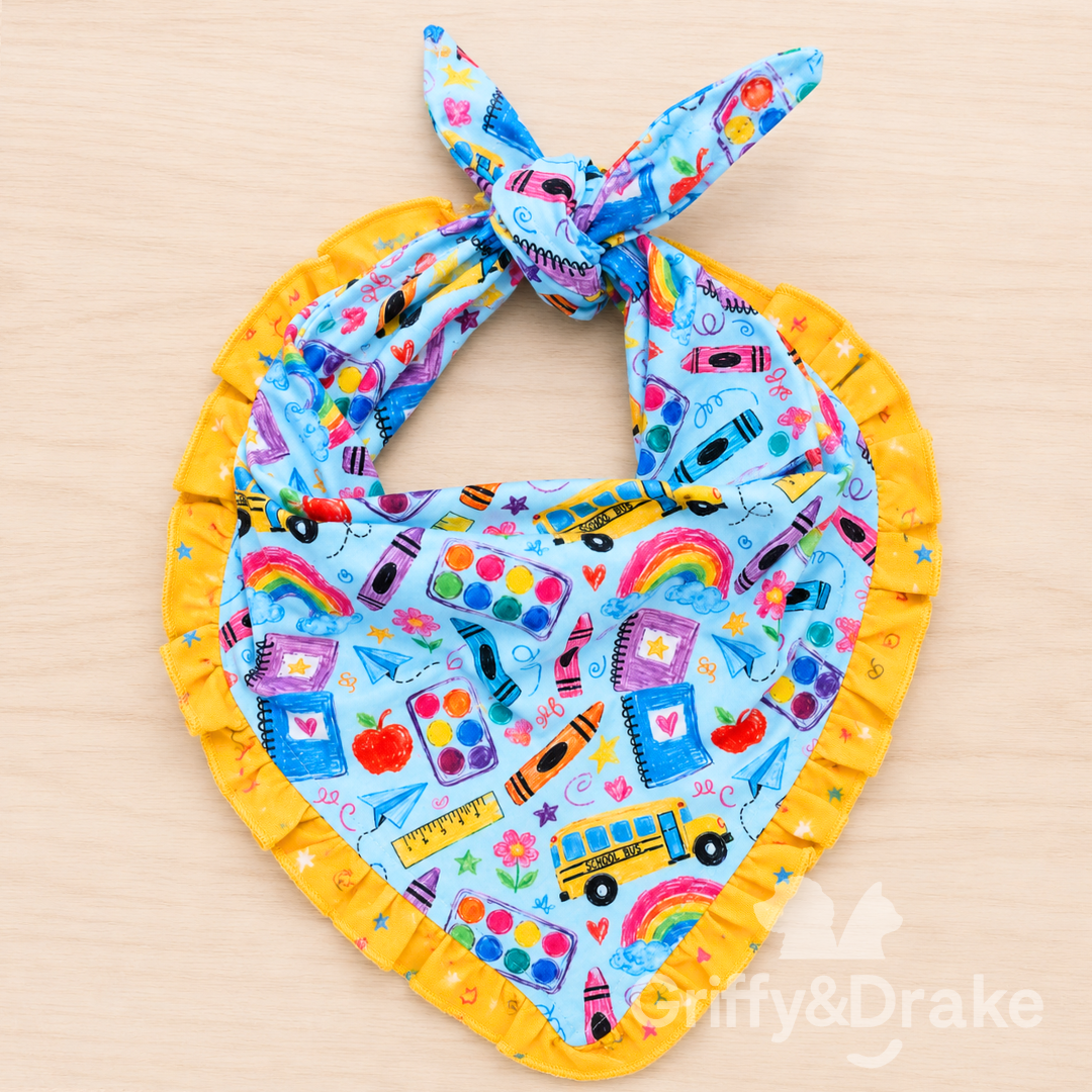 Teacher's Pet Ruffle Bandana - back to school print pet bandana with yellow ruffle trim