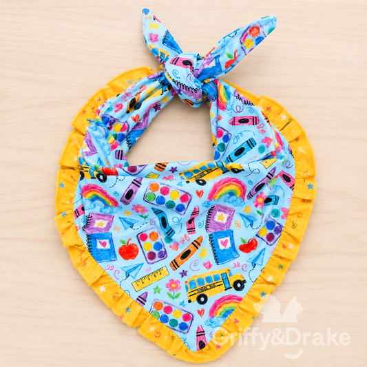 Teacher's Pet Ruffle Bandana - back to school print pet bandana with yellow ruffle trim