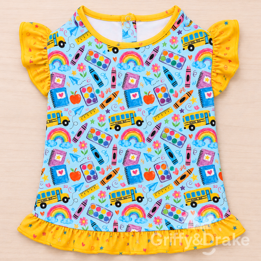 Teacher's Pet Ruffle Shirt - back to school print pet shirt with yellow ruffle hem and flutter sleeves