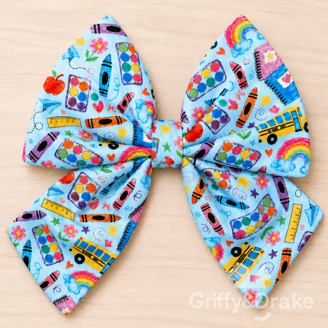 Teacher's Pet Sailor Bow - oversized back to school print pet bow with crayons, paint sets and school buses