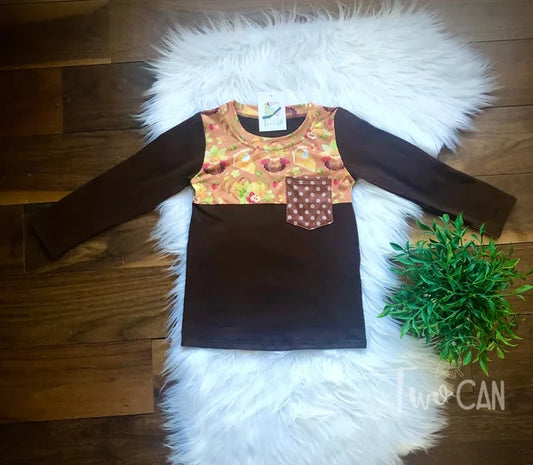 Thanksgiving Dots Pocket Tee by TwoCan - brown long sleeve with fall floral yoke and polka dot pocket