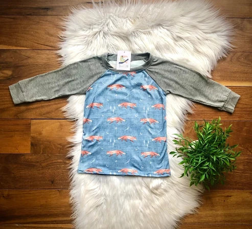 Winter Fox Tee by TwoCan - blue fox print with gray raglan sleeves