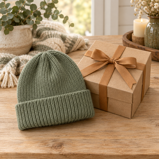 Adult knit hat beside a closed mystery box