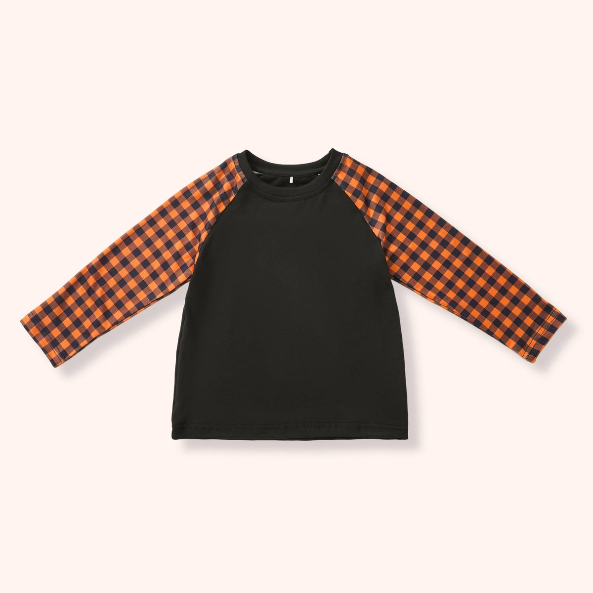 Black long-sleeve boy shirt with orange-and-black Harvest Gingham sleeves