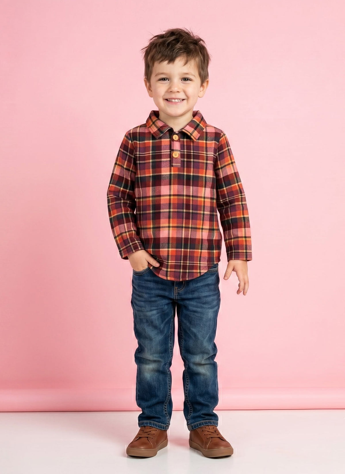 Child wearing the Autumn Embers plaid boy shirt