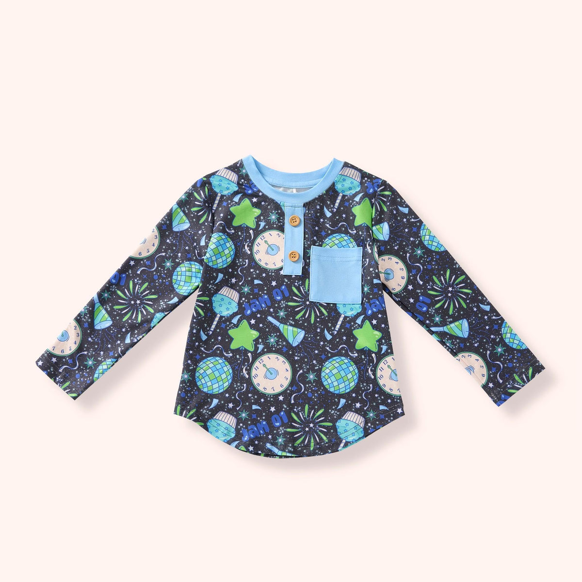 Pete + Lucy Ball Drop long-sleeve boys top with blue trim and front pocket