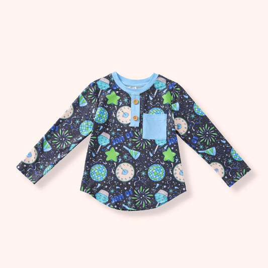 Pete + Lucy Ball Drop long-sleeve boys top with blue trim and front pocket